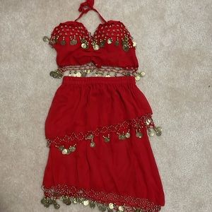 Belly dancing costume belah in red with gold accents